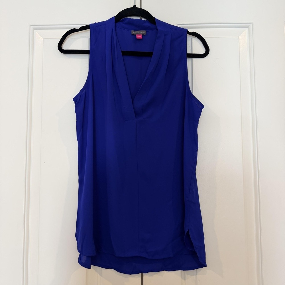 Vince Camuto Blouse Womens S Blue Sleeveless V Neck Chiffon Tunic Top Office